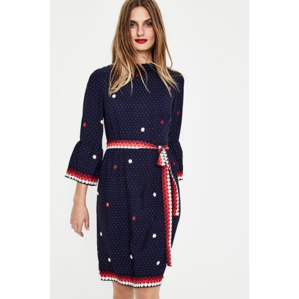 Boden Size 12L Armelle Blue Polka Dot Print Belted Dress, with pockets